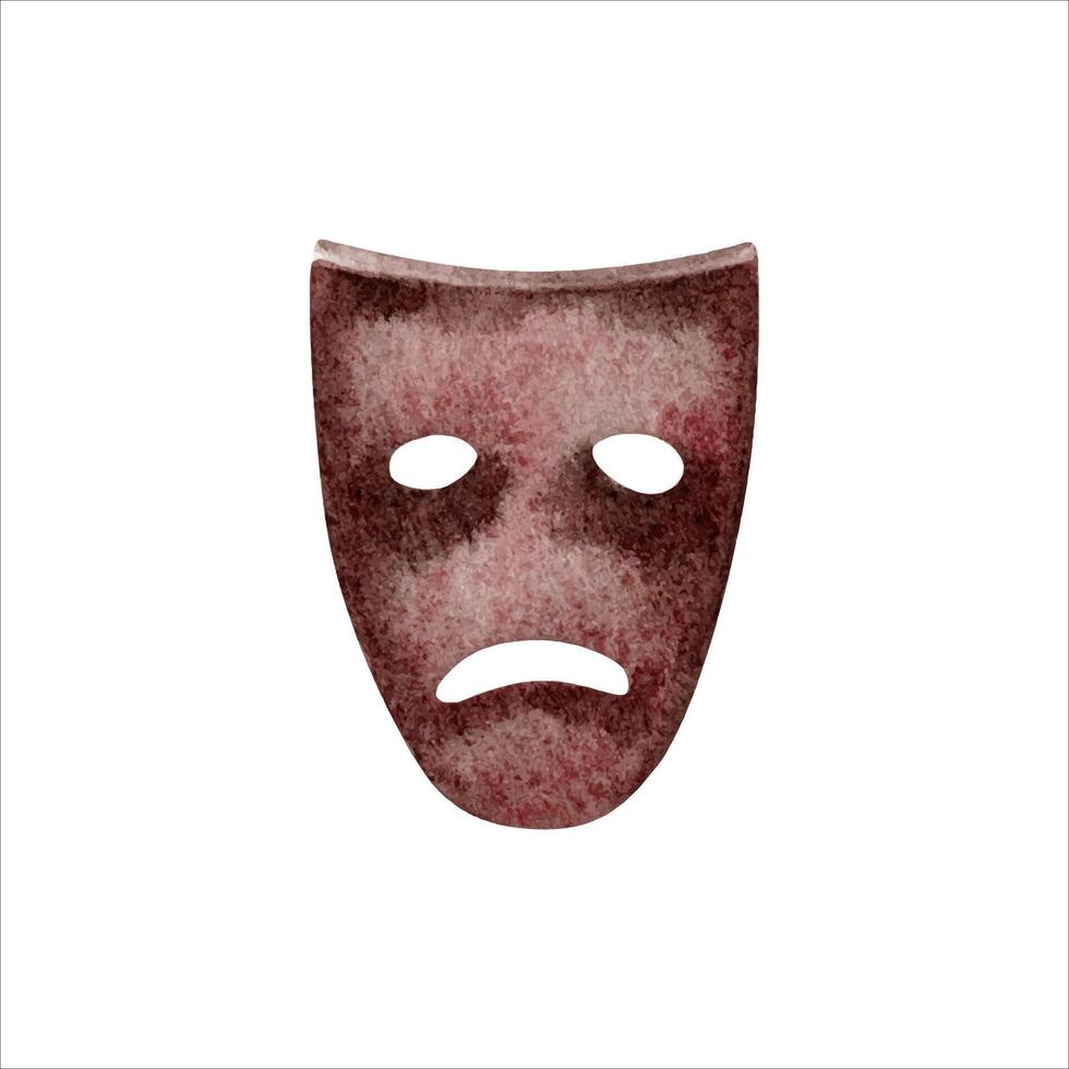 Theatrical actors tragedy mask. Sad smile expression. Hand drawn watercolor illustration isolated on white background. Vintage carnival logo, ticket design for theatre, musical and play performance vector