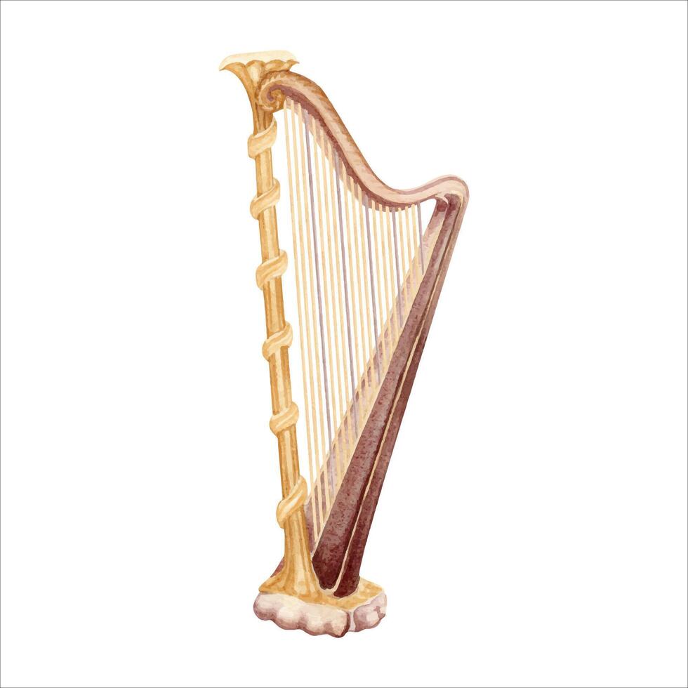 Golden harp classical music instrument. Vintage string lyre. Watercolor illustration isolated on white background. For theatre and ballet posters, ticket designs, concert programs, musical themed card vector