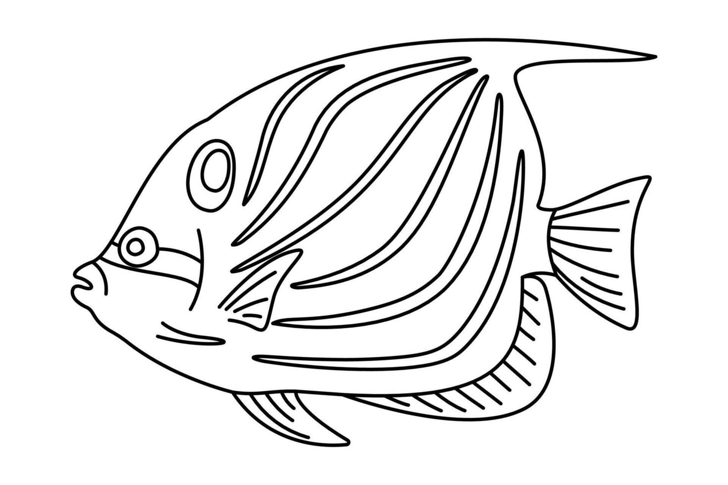 Tropical Fish. Simple Hand Drawn. Isolated on white background. Doodle fish line art drawing. Art therapy Coloring page for kids and adults. Black and white illustration vector