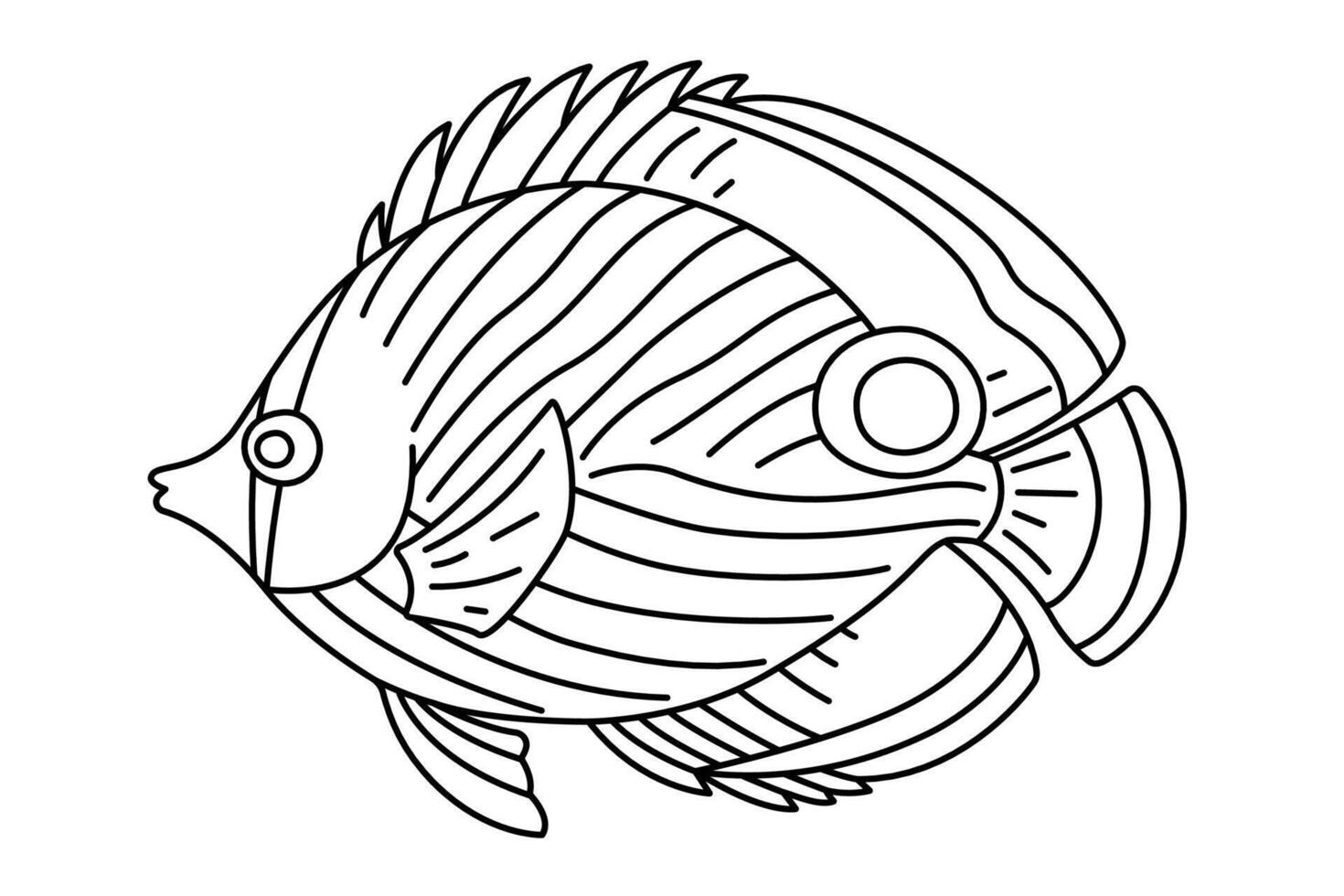 Tropical Fish. Simple Hand Drawn. Isolated on white background. Doodle fish line art drawing. Art therapy Coloring page for kids and adults. Black and white illustration vector