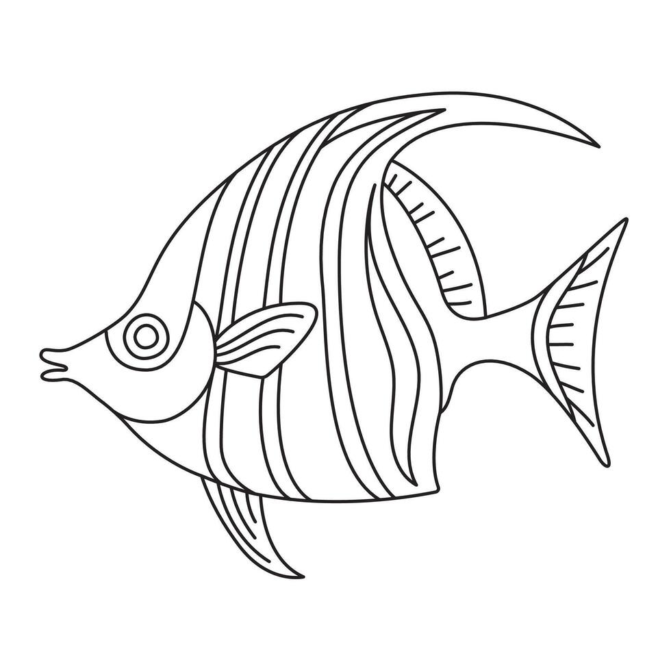 Tropical Fish. Simple Hand Drawn. Isolated on white background. Doodle fish line art drawing. Art therapy Coloring page for kids and adults. Black and white illustration vector