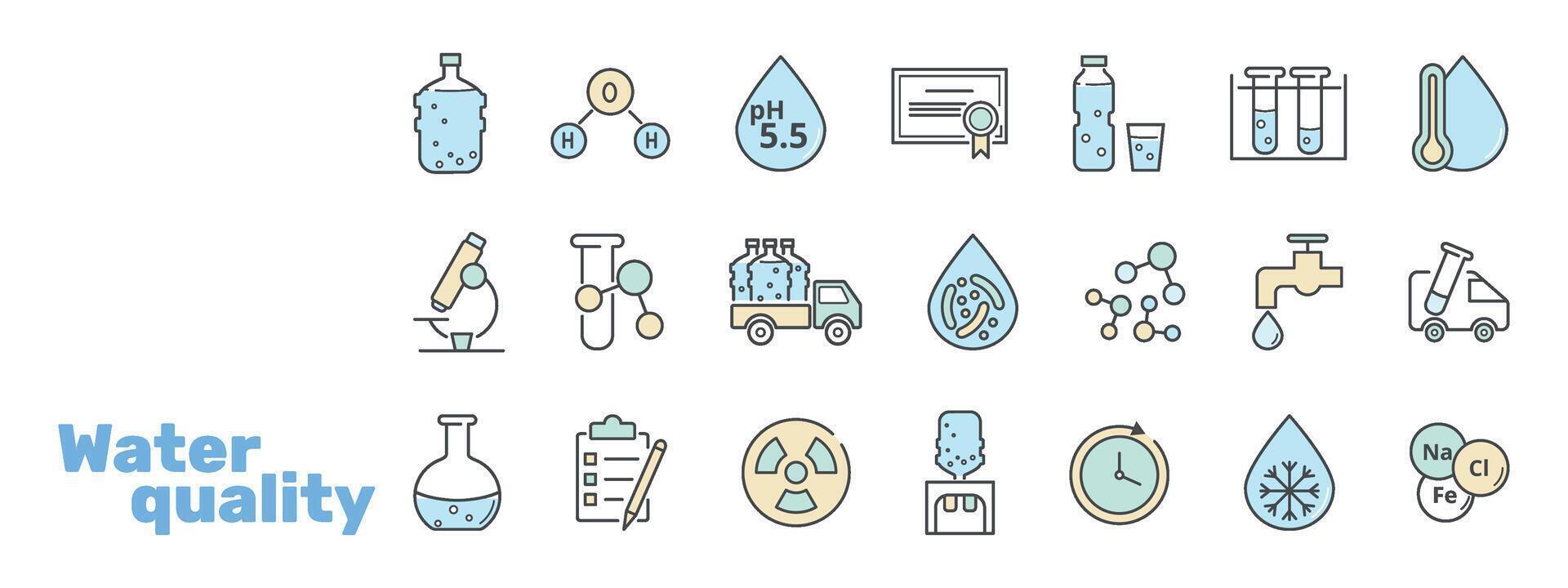 Water quality icons set. Molecule, freezing point, bacterial, heavy metals, tap, clean, drop, faucet, hot, drink, bottle, cooler, truck illustration. vector