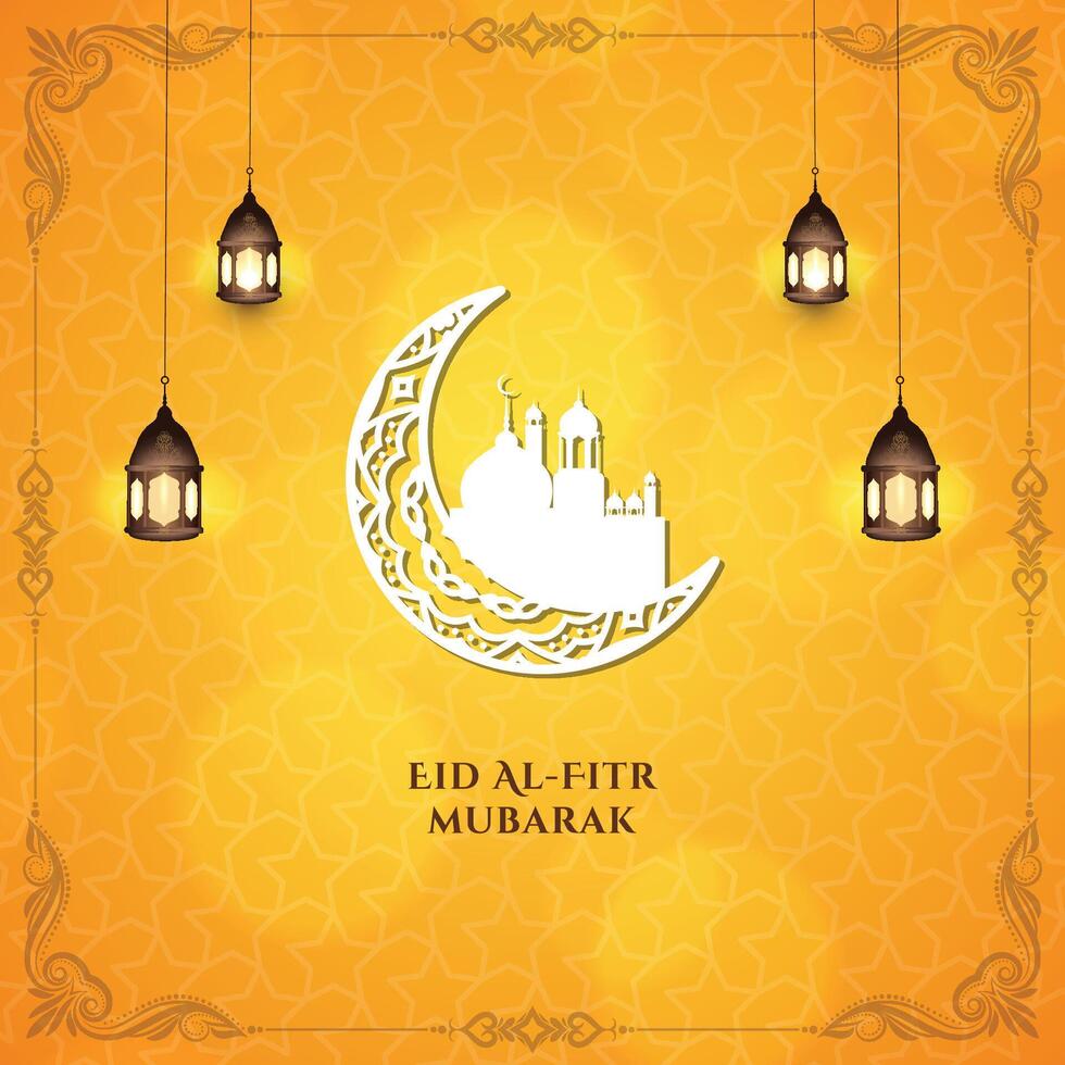 Eid Mubarak Greeting Card Design with Islamic Lantern and Crescent Moon and Eid Social Media Post , Eid Al Fitr Mubarak Islamic Background Design Template for Eid Mubarak Wishes Greeting Card vector