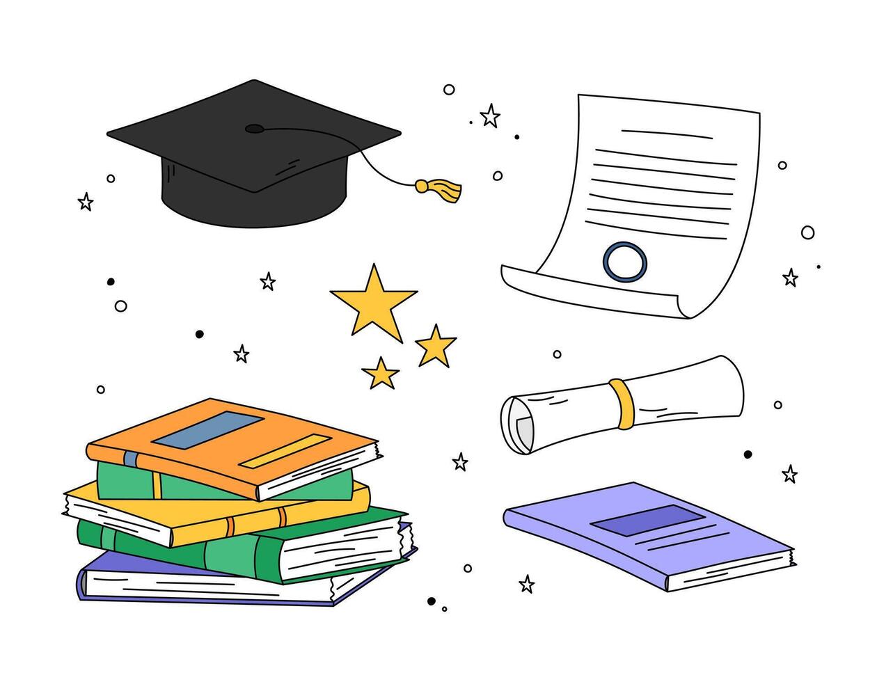 Graduation doodle elements set. Illustrations of isolated square academic cap, mortarboard, diploma, books pile and stars. Colorful outline symbols of high school, college, academy graduation vector