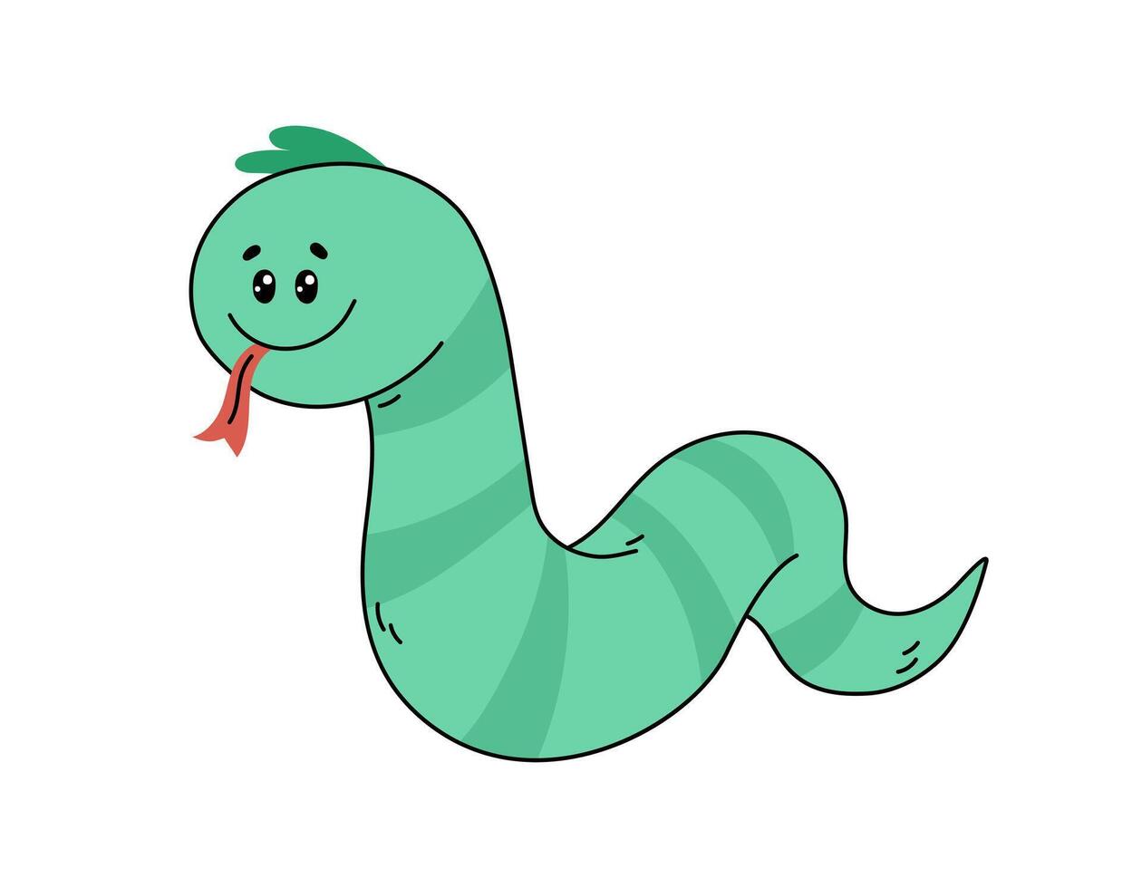 Snake isolated doodle illustration. 2025 year symbol. Cute cartoon green snake smiling and showing tongue. Adorable kid character. vector