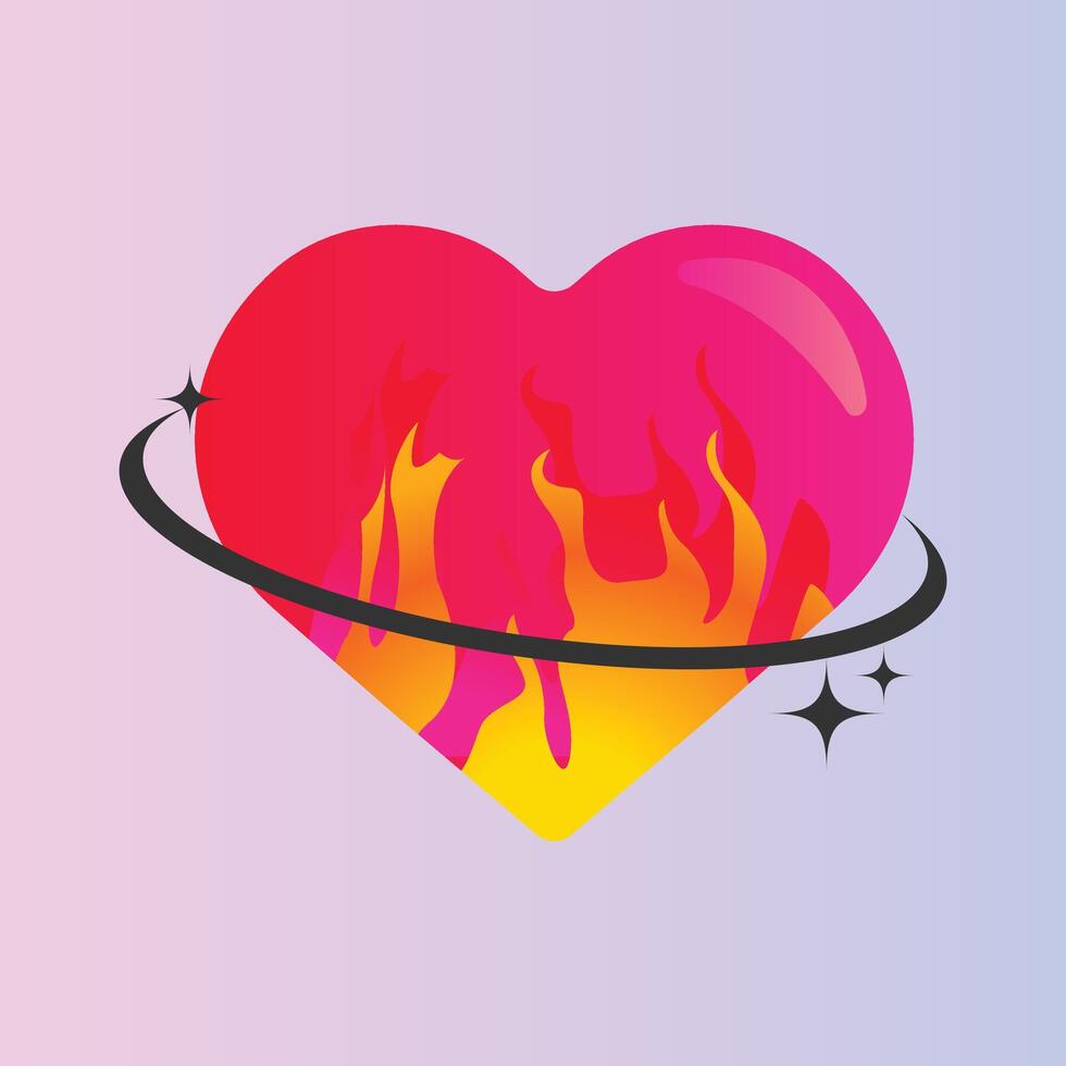 Illustration of heart with fire symbol in y2k style for streetwear design vector