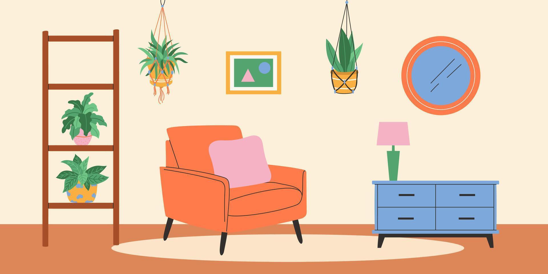 Living room interior design with armchair and macrame plant. illustration. vector