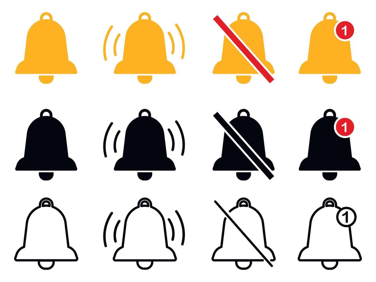 Notification bell icon set. Doorbell icons for apps. Ringing bell and