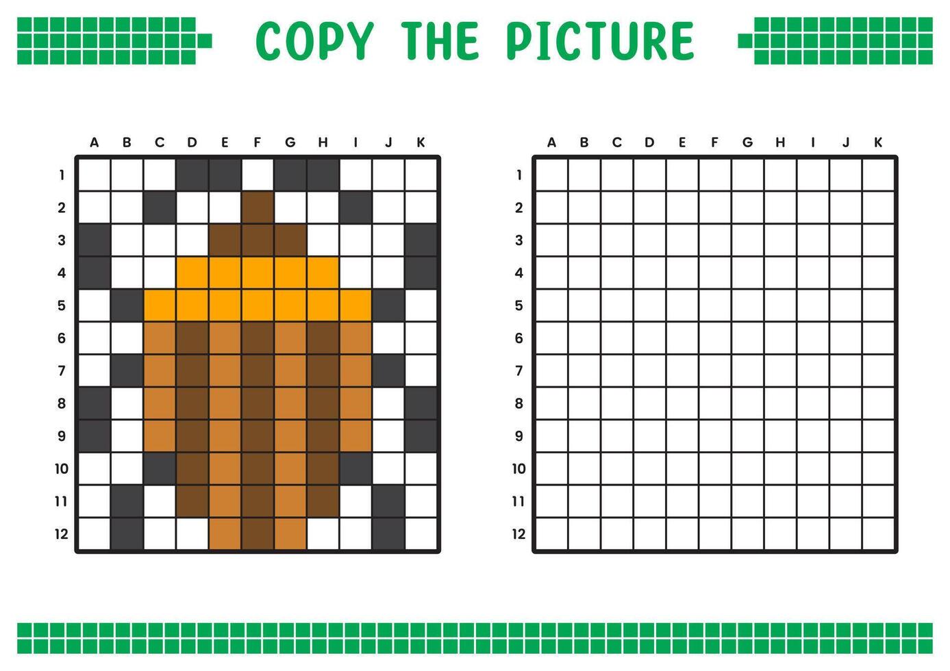 Copy the picture, complete the grid image. Educational worksheets drawing with squares, coloring cell areas. Children's preschool activities. Cartoon, pixel art. Brown ladybug illustration. vector