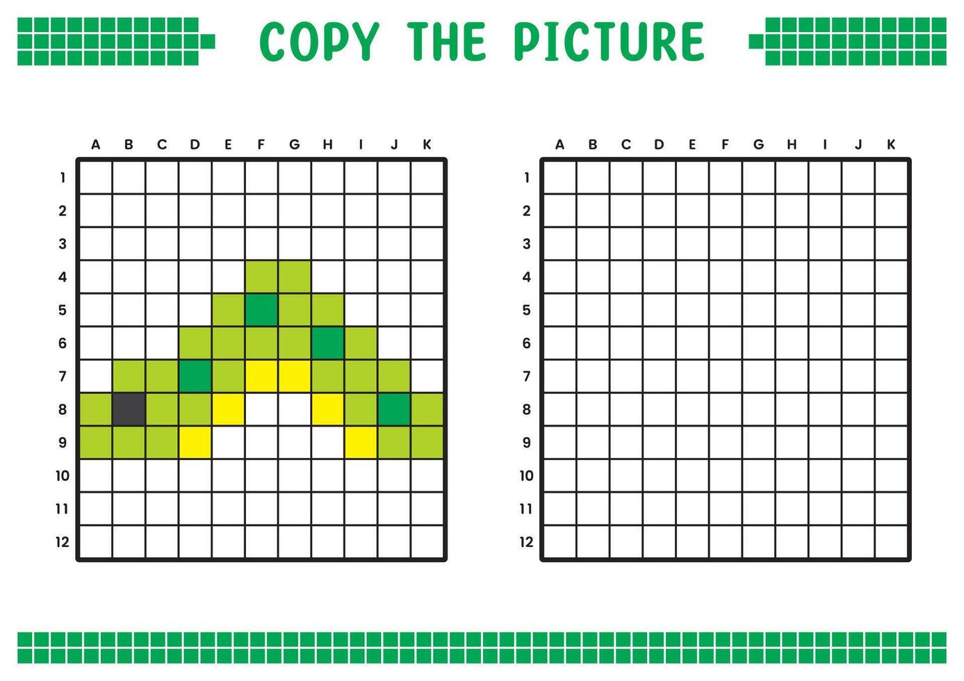 Copy the picture, complete the grid image. Educational worksheets drawing with squares, coloring areas. Children's preschool activities. Cartoon, pixel art. Green caterpillar illustration. vector