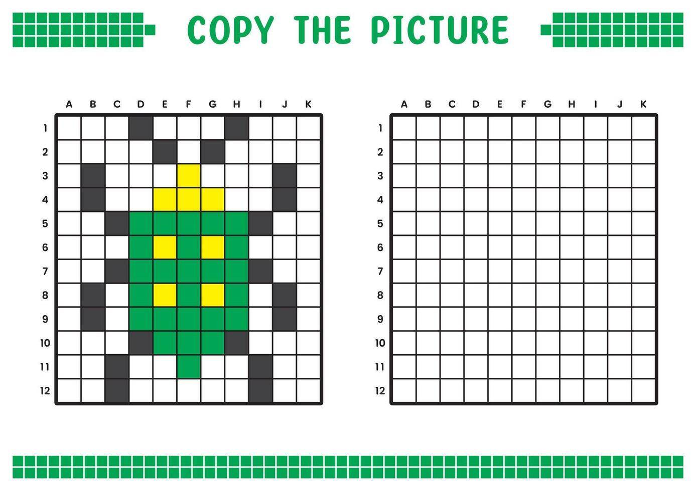 Copy the picture, complete the grid image. Educational worksheets drawing with squares, coloring cell areas. Children's preschool activities. Cartoon, pixel art. Green insect illustration. vector
