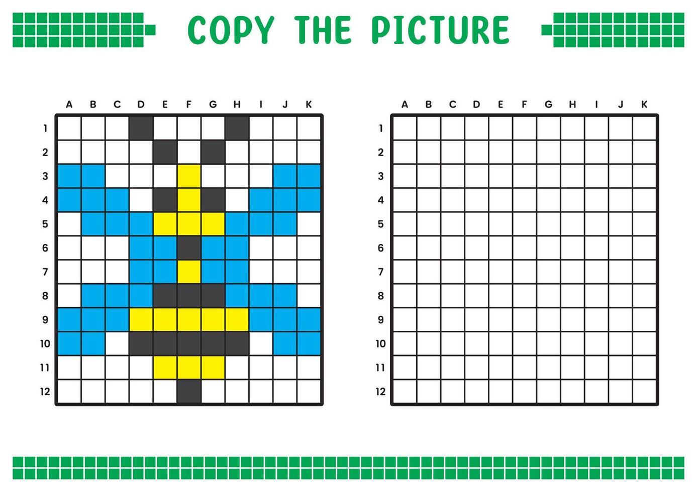 Copy the picture, complete the grid image. Educational worksheets drawing with squares, coloring cell areas. Children's preschool activities. Cartoon, pixel art. Honey bee illustration. vector