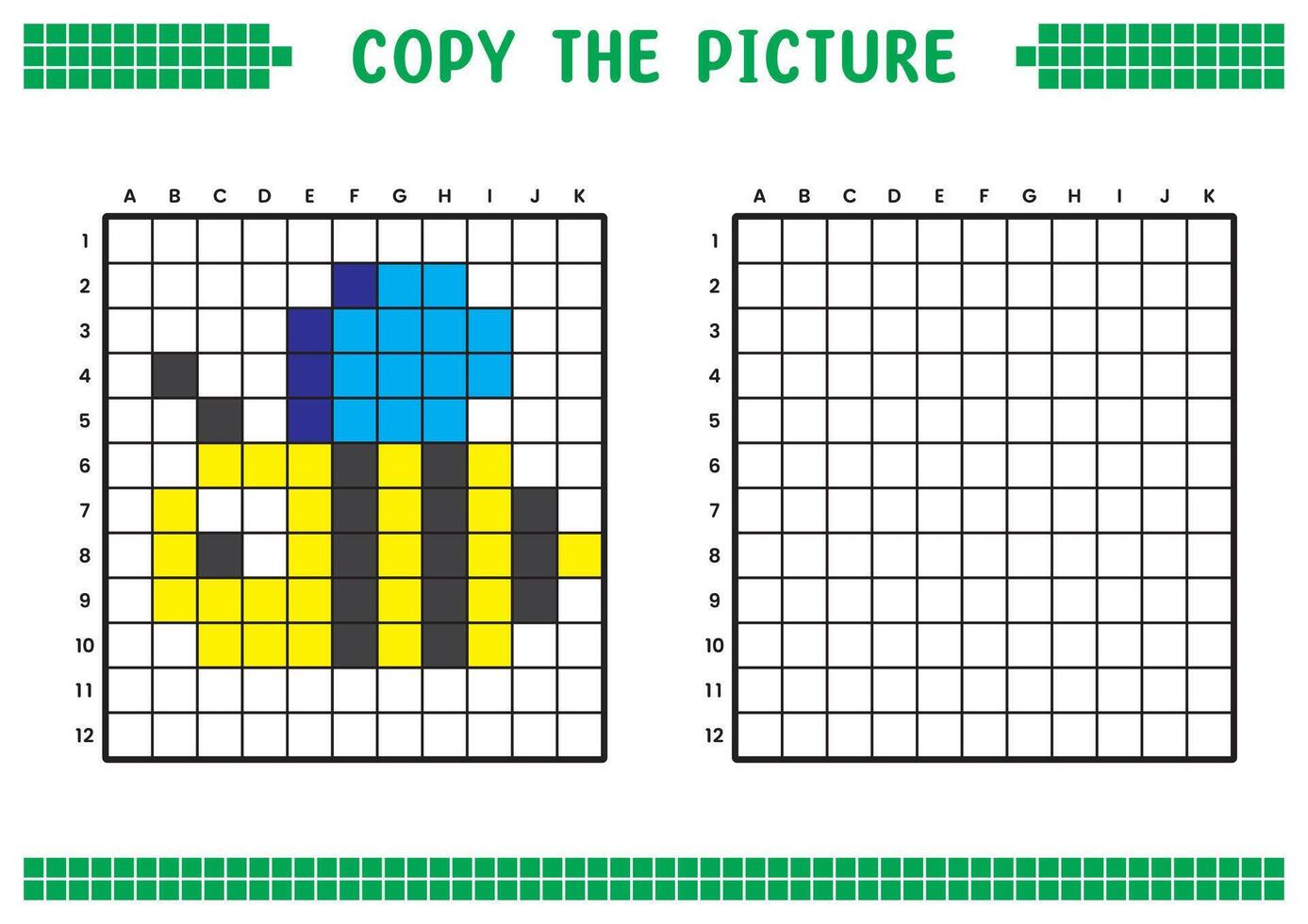 Copy the picture, complete the grid image. Educational worksheets drawing with squares, coloring cell areas. Children's preschool activities. Cartoon, pixel art. Honey bee illustration. vector