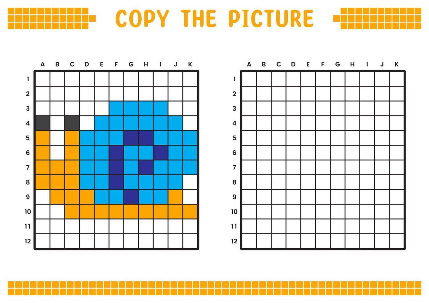 Copy the picture, complete the grid image. Educational worksheets drawing with squares, coloring cell areas. Children's preschool activities. Cartoon, pixel art. Snail illustration. vector