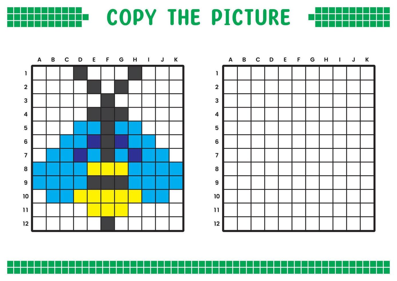 Copy the picture, complete the grid image. Educational worksheets drawing with squares, coloring cell areas. Children's preschool activities. Cartoon, pixel art. Honey bee illustration. vector