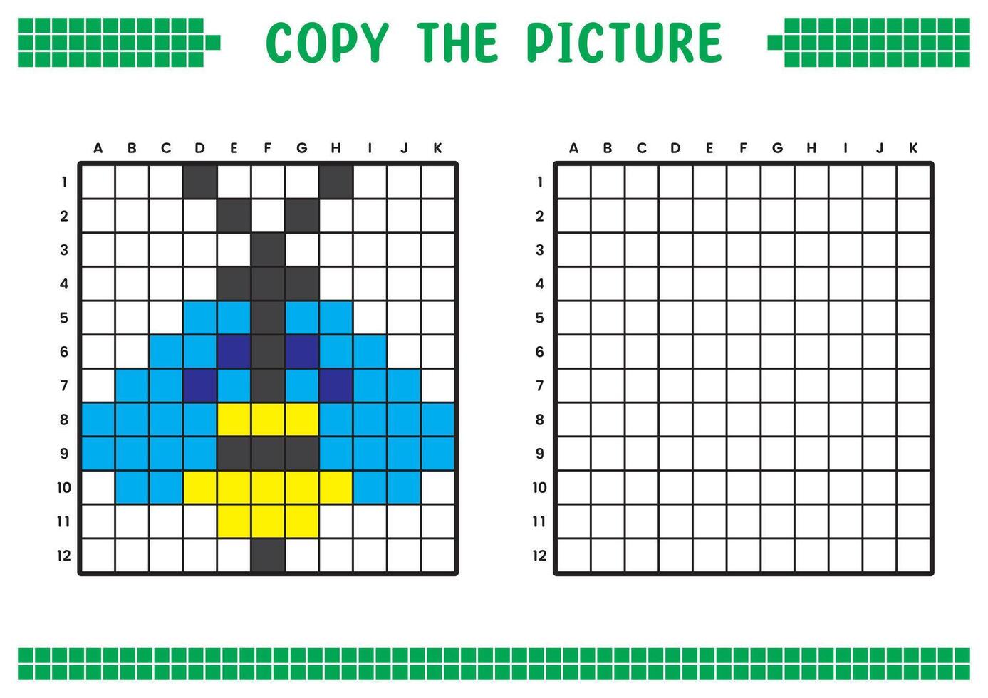 Copiar el imagen, completar el cuadrícula imagen. educativo hojas de trabajo dibujo con cuadrícula, colorante célula áreas para niños preescolar actividades. dibujos animados, píxel Arte. miel abeja ilustración. vector