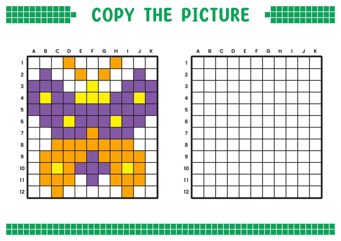 Copy the picture, complete the grid image. Educational worksheets drawing with squares, coloring cell areas. Children's preschool activities. Cartoon, pixel art. Colorful moth illustration. vector