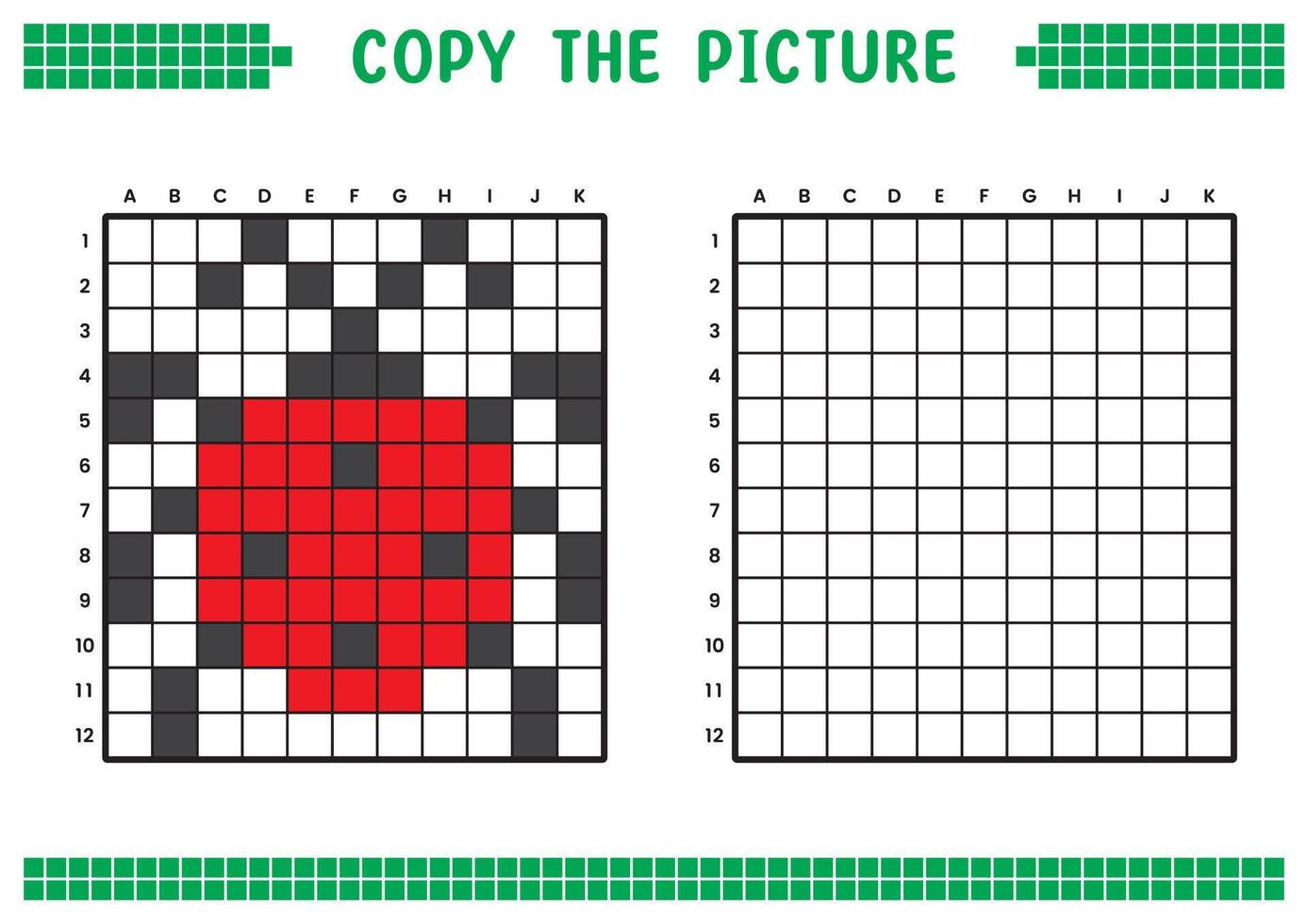 Copy the picture, complete the grid image. Educational worksheets drawing with squares, coloring cell areas. Children's preschool activities. Cartoon, pixel art. Red ladybug illustration. vector