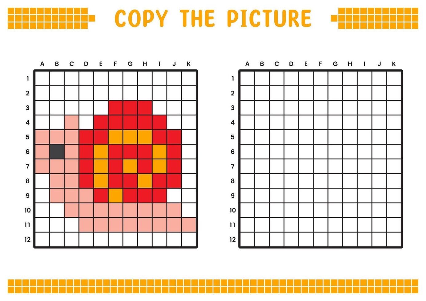 Copy the picture, complete the grid image. Educational worksheets drawing with squares, coloring cell areas. Children's preschool activities. Cartoon, pixel art. Snail illustration. vector
