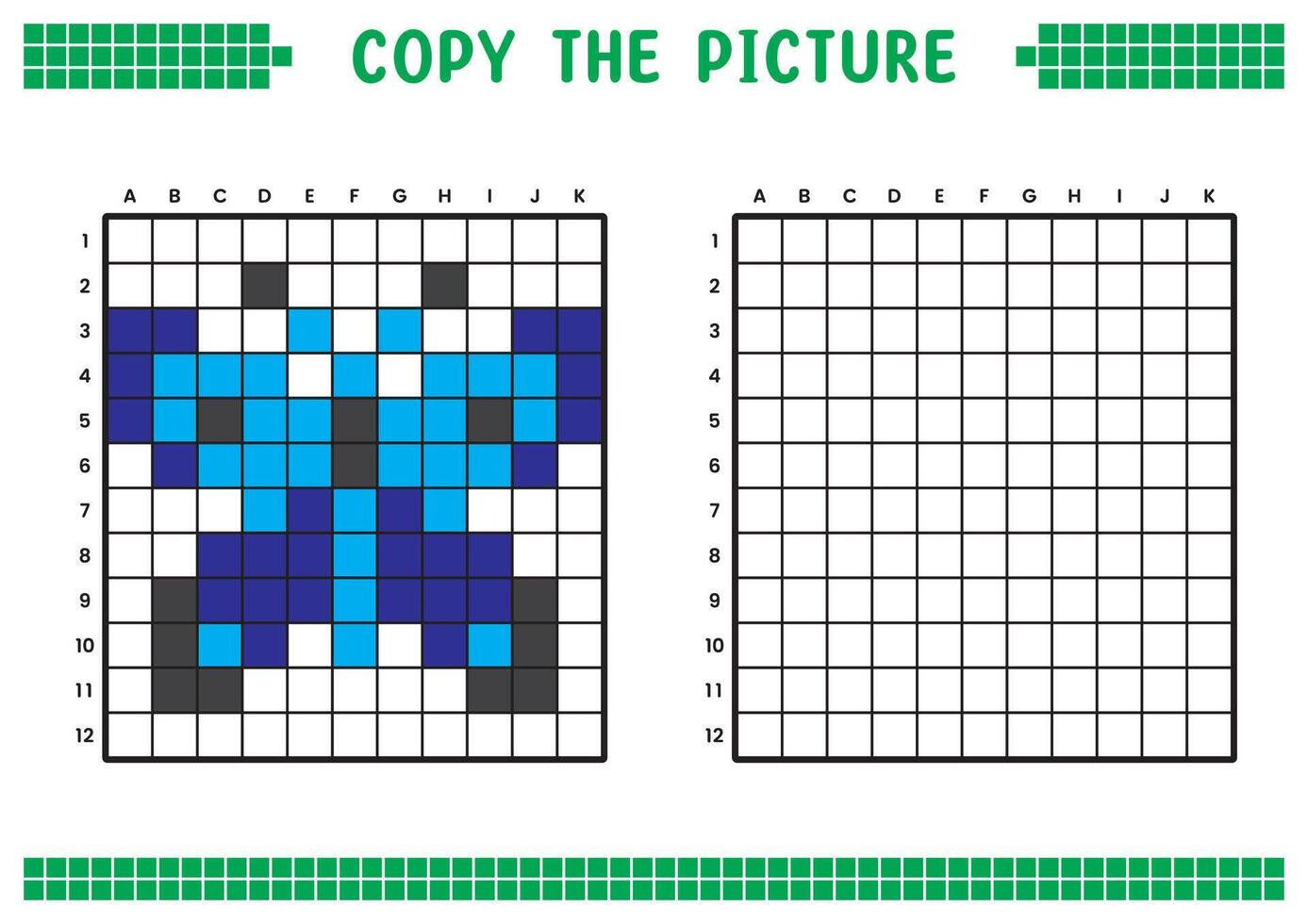 Copy the picture, complete the grid image. Educational worksheets drawing with squares, coloring cell areas. Children's preschool activities. Cartoon, pixel art. Blue butterfly illustration. vector