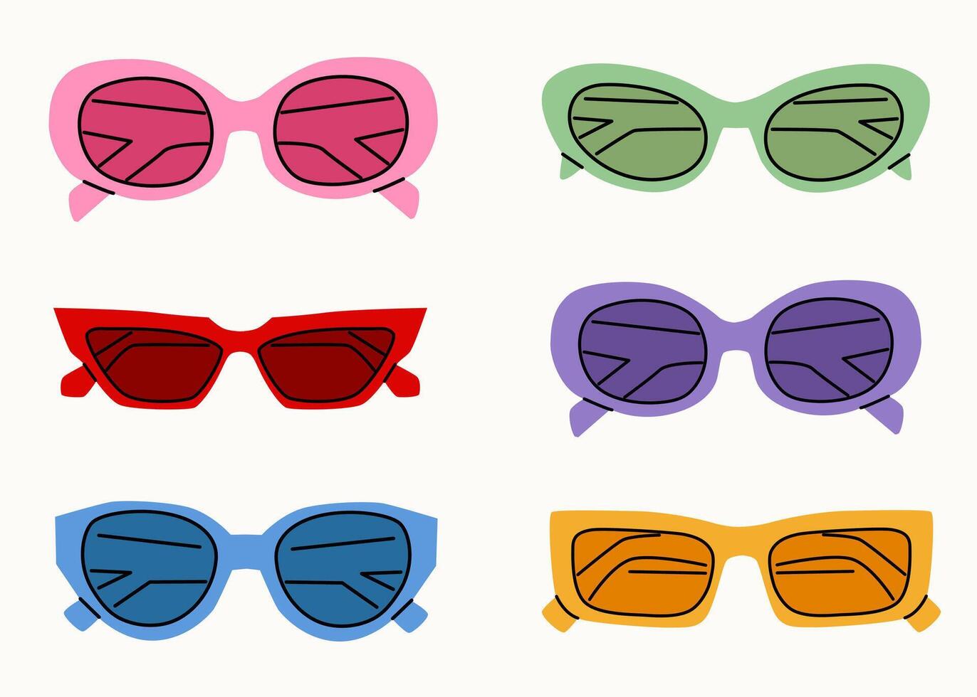 conjunto de varios vistoso Gafas de sol. verano Gafas de sol, de moda lente marcos varios formas y estilos. dibujado a mano ilustración en de moda colores. aislado en blanco antecedentes vector