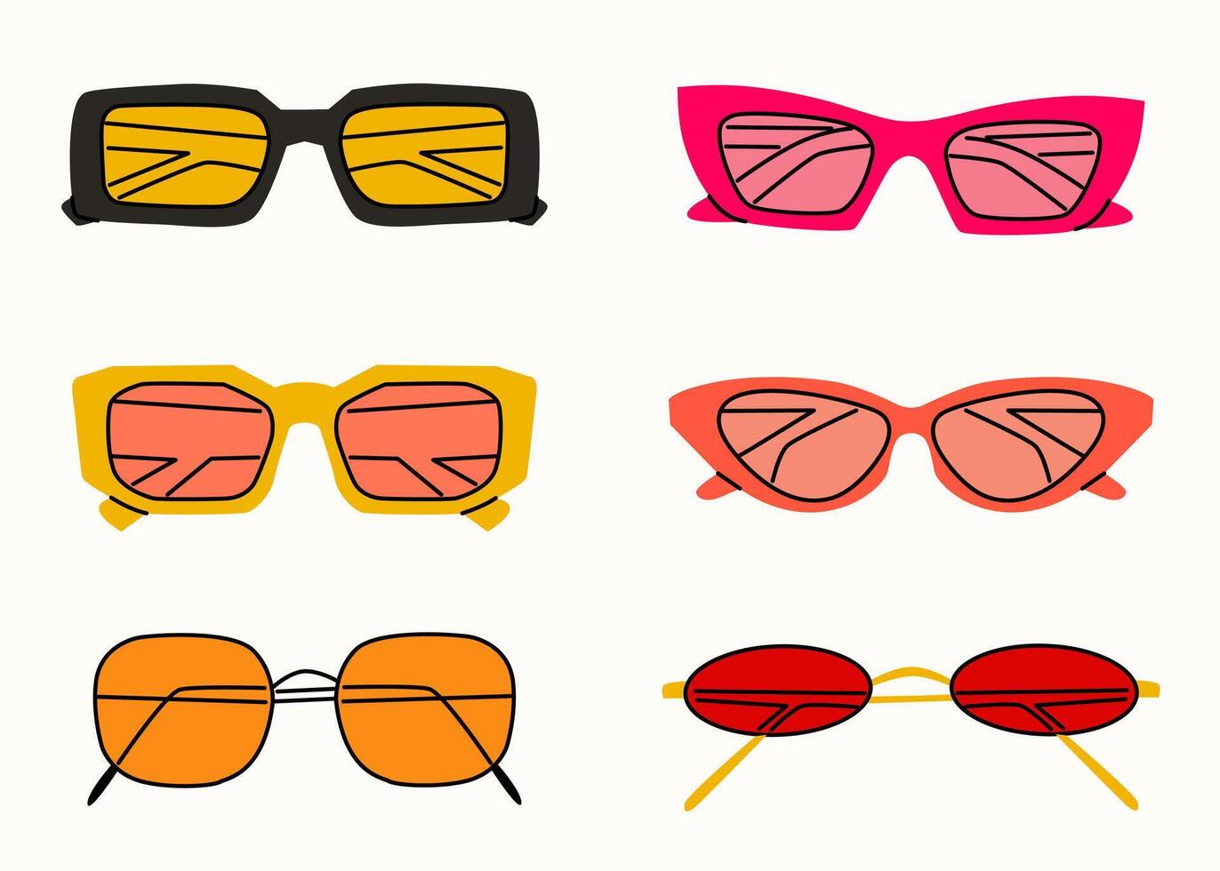 conjunto de varios vistoso Gafas de sol. verano Gafas de sol, de moda lente marcos varios formas y estilos. dibujado a mano ilustración en de moda colores. aislado en blanco antecedentes vector