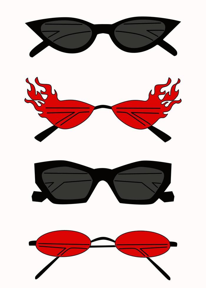 Set of various colorful sunglasses. Summer sunglasses, fashionable eyeglass frames. Various shapes and styles. Red and black glasses of an unusual shape. Isolated on white background. vector