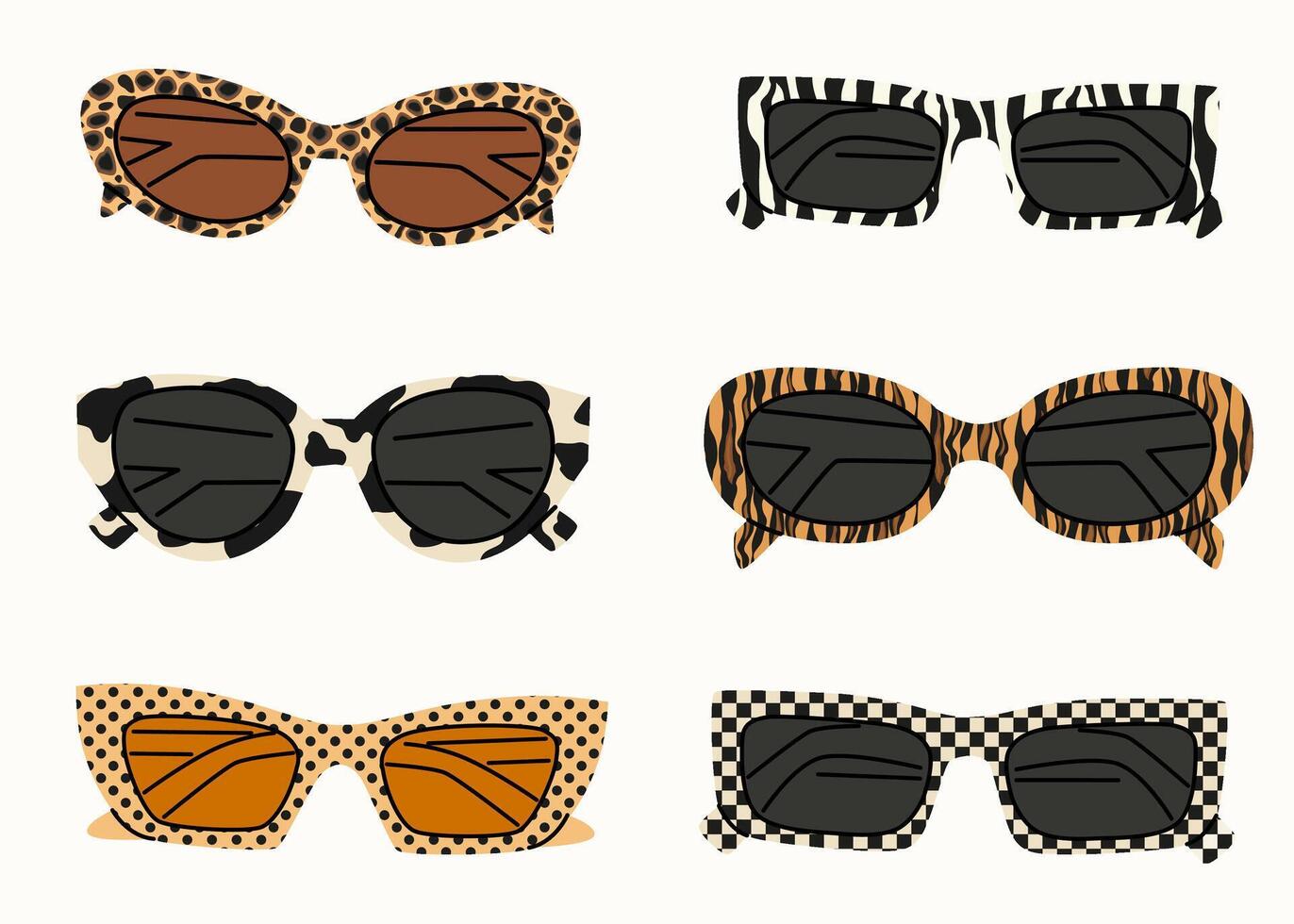 A set of sunglasses with an animalistic pattern. Summer sunglasses, fashionable eyeglass frames. Various shapes and styles. Hand drawn flat style. Women's beach accessories in a modern style. vector