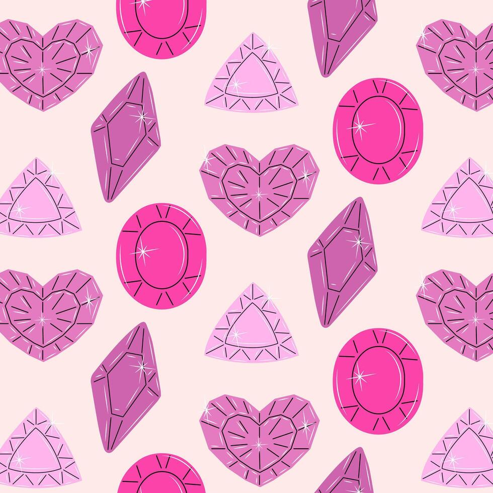 Seamless pattern of pink jewels. Gemstones in hand drawn style. Crystals and amulets. Symbols collection of diamonds, brilliants, quartz, minerals, crystals and gems. Doodle illustration. vector