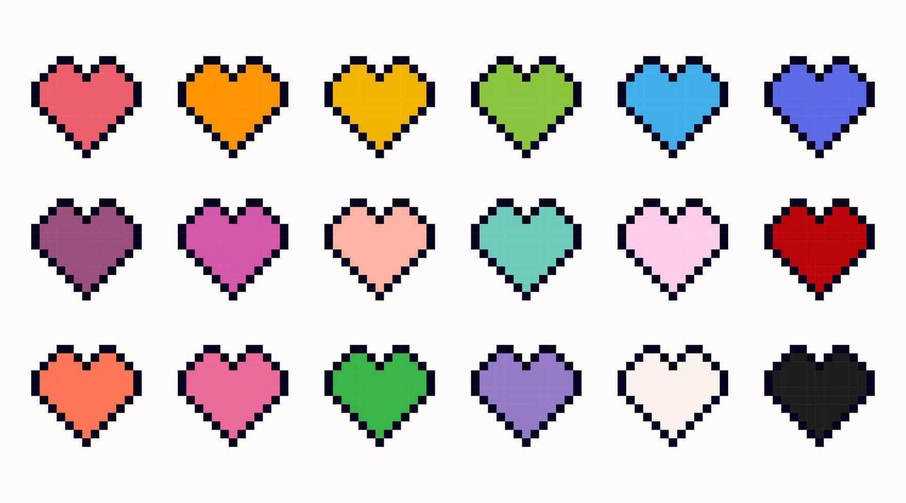 Set of different colorful hearts in pixel art style. Love game set. Heart gamer health sign. Pixel icon, illustration isolated on white background. 8-bit retro style symbols vector