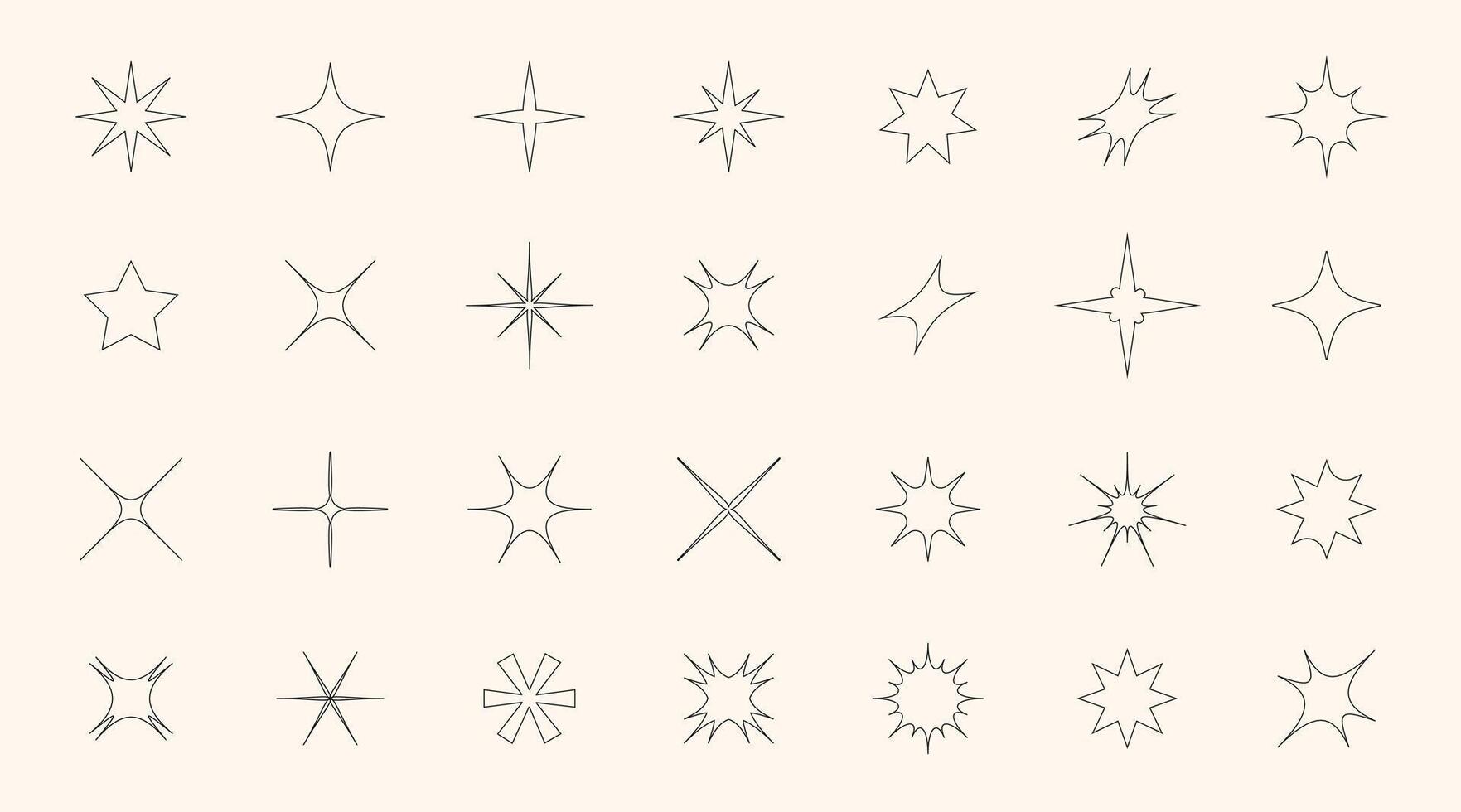 Set of line star shapes. Retro futuristic sparkle icons collection. Set of Y2K style. Magic symbols with shine effect. Modern abstract objects isolated on white background vector