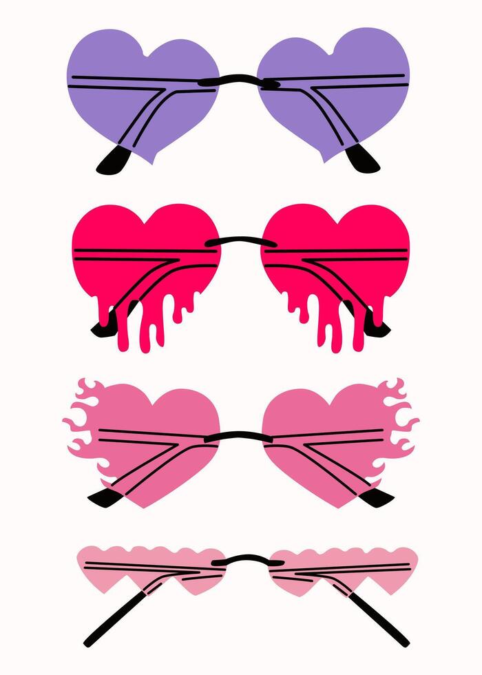 Set of various colorful sunglasses. Summer sunglasses, fashionable eyeglass frames. Various shapes and styles. Eyeglasses in the shape of hearts. Isolated on white background. Romantic cute design vector