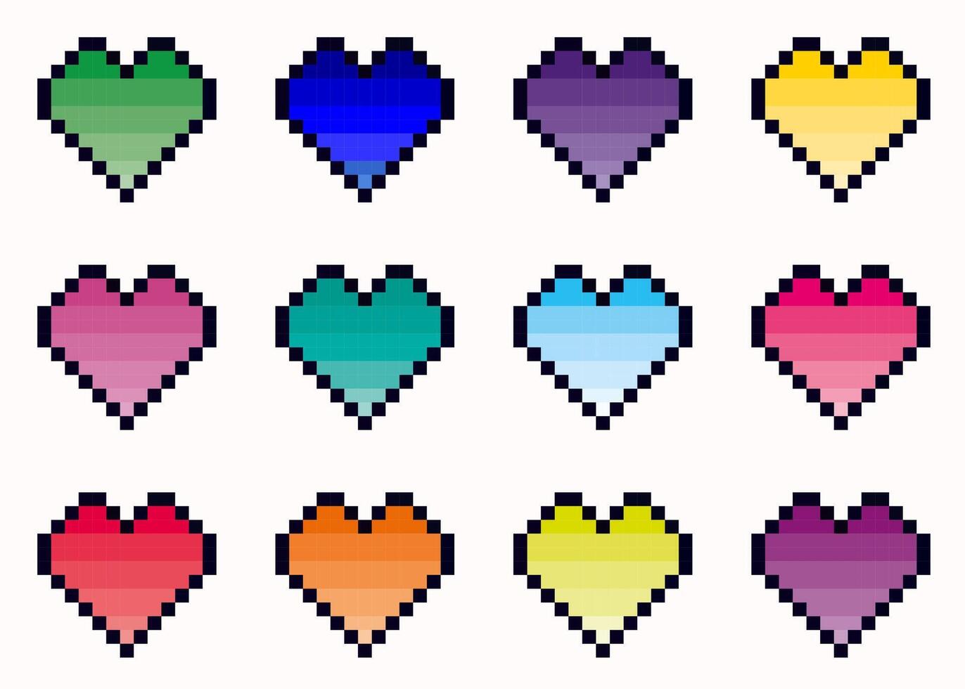 Set of gradient colorful hearts in pixel art style. Love game set. Heart gamer health sign. Pixel icon, illustration isolated on white background. 8-bit retro style symbols vector