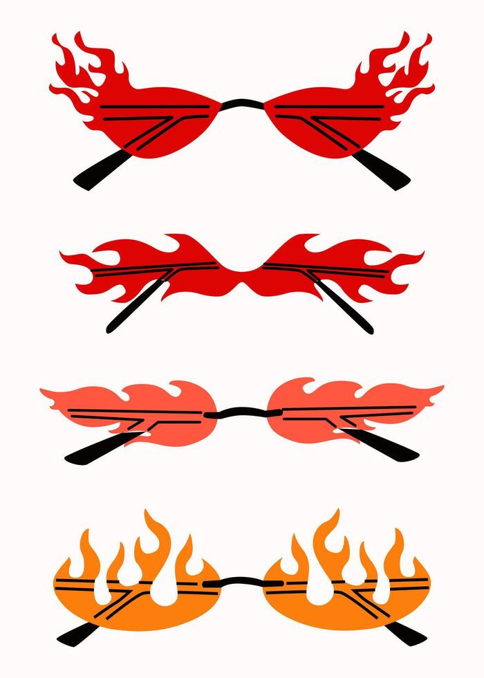 conjunto de varios vistoso Gafas de sol. verano Gafas de sol, de moda lente marcos varios formas y estilos. los anteojos en el varios forma de llamas y fuego. aislado en blanco antecedentes. vector