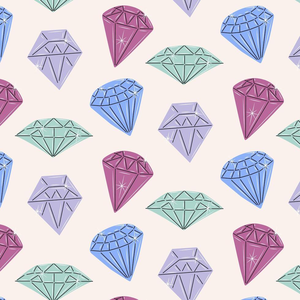 Seamless pattern of colorful jewels. Gemstones in hand drawn style. Symbols collection of diamonds, brilliants, quartz, minerals, crystals and gems. Doodle illustration. vector