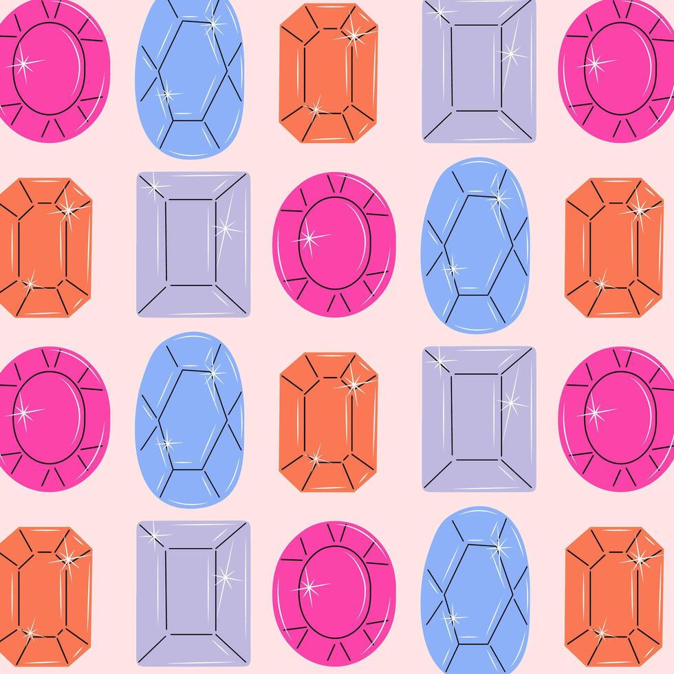 Seamless pattern of colorful jewels. Gemstones in hand drawn style. Symbols collection of diamonds, brilliants, quartz, minerals, crystals and gems. Doodle illustration. vector
