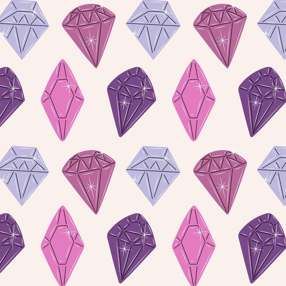 Seamless pattern of purple jewels. Gemstones in hand drawn style. Crystals and amulets. Symbols collection of diamonds, brilliants, quartz, minerals, crystals and gems. Doodle illustration. vector