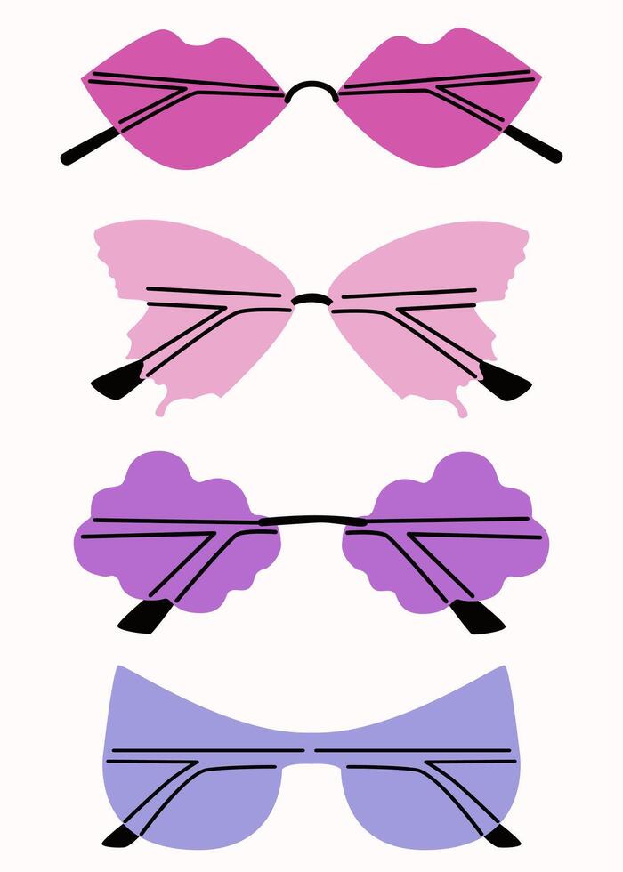 Set of various colorful sunglasses. Summer sunglasses, fashionable eyeglass frames. Various shapes and styles. Unusually shaped eyeglasses. Isolated on white background. Romantic cute design vector