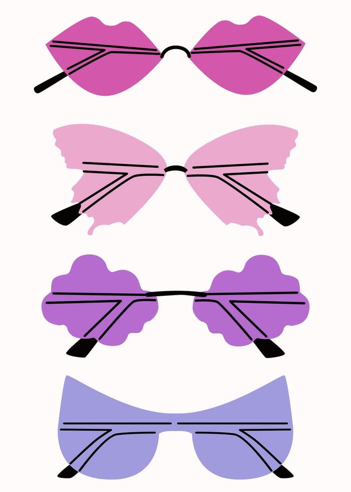 conjunto de varios vistoso Gafas de sol. verano Gafas de sol, de moda lente marcos varios formas y estilos. extraordinariamente conformado los anteojos. aislado en blanco antecedentes. romántico linda diseño vector