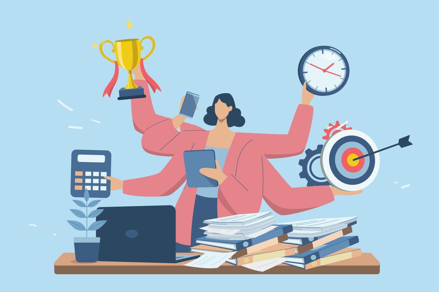 Multitasking concept, Multitask and effective time management, Business woman is busy doing many activities with many hands in a work suit, design illustration. vector