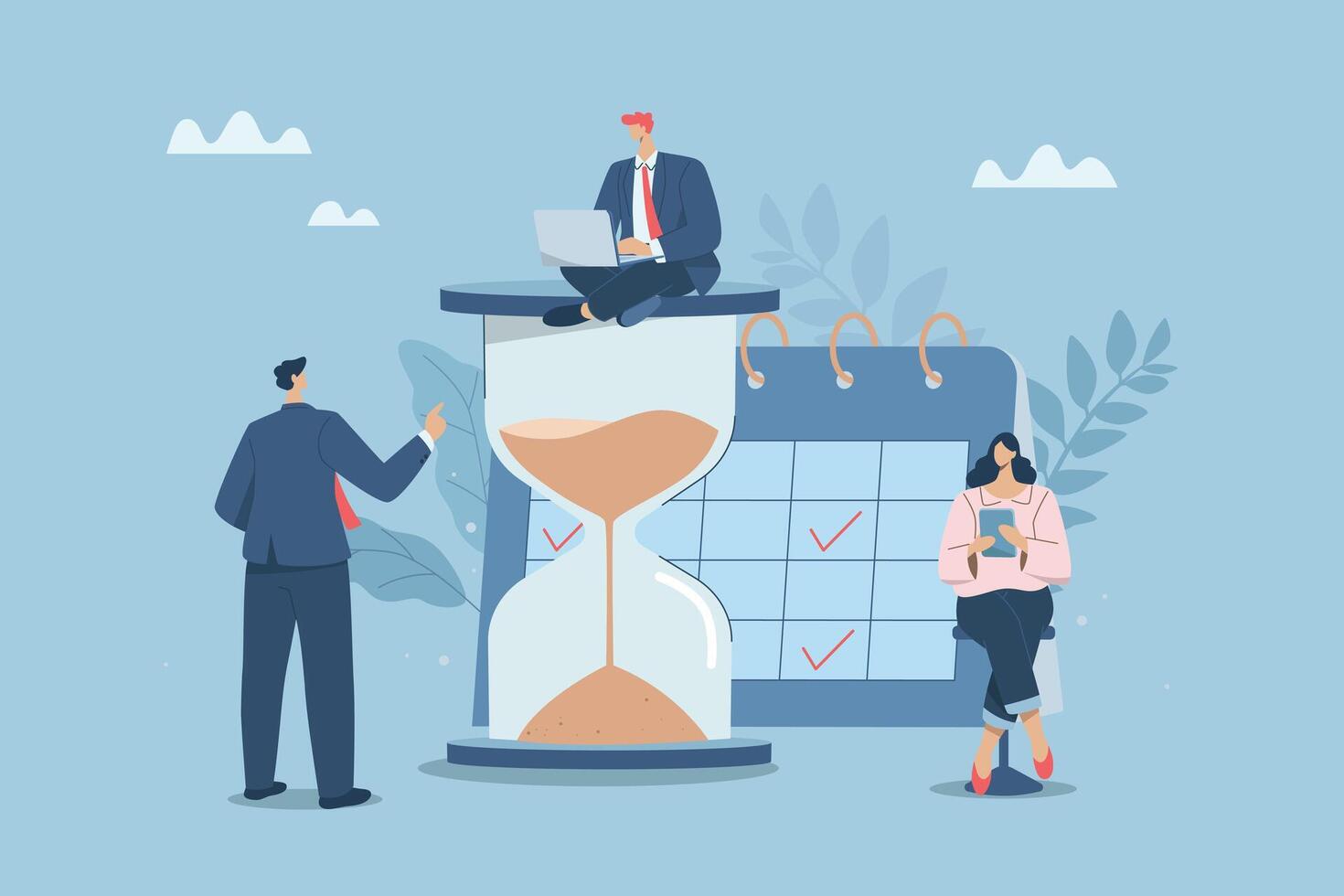 Managers team organize project calendar. Effective organization of time at work, Work planning, Time control, Reminder, Business team organizes professional planning calendar. illustration. vector