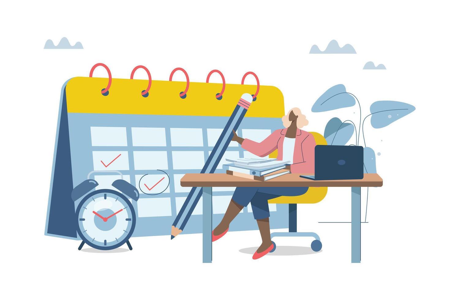 Effective organization of time at work, Scheduling activities, Schedule or business project management calendar, Business woman sitting holding pencil with appointment calendar and alarm clock. vector