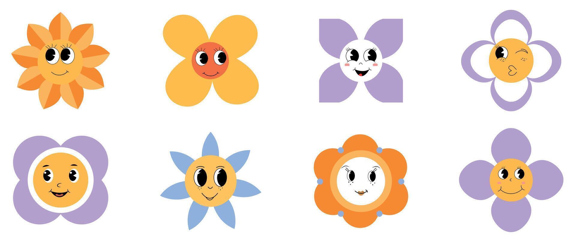 vistoso maravilloso conjunto de flor margaritas mascota pegatinas en el hippie estilo de el años 70, años 80 retro dibujos animados flores vector