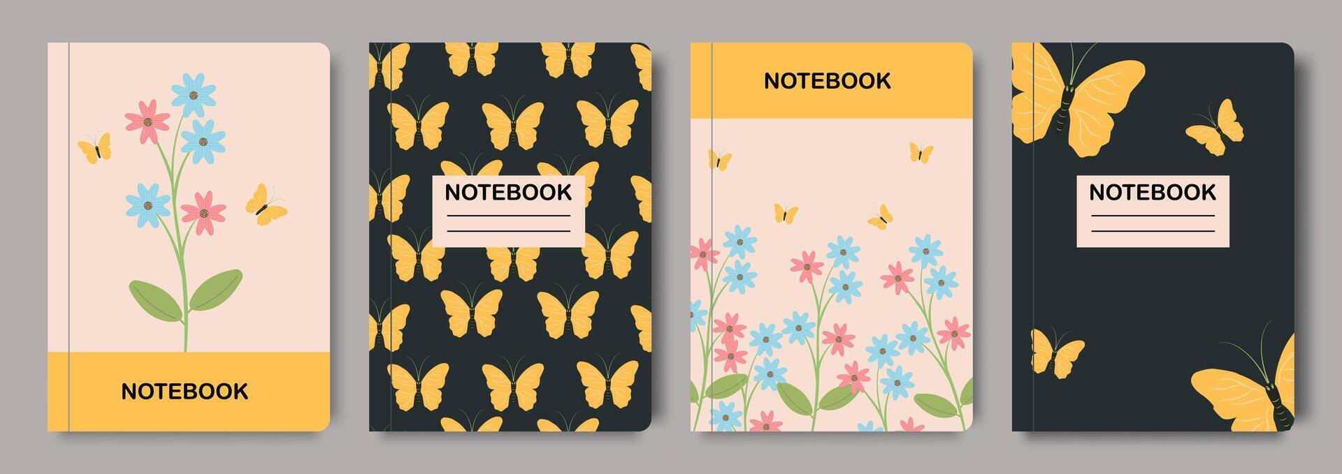 Back to school, covers for diary and notebook. Background design with botany elements, with flowers and butterflies. Children's botanical flat design hand drawn illustration for cover template. vector