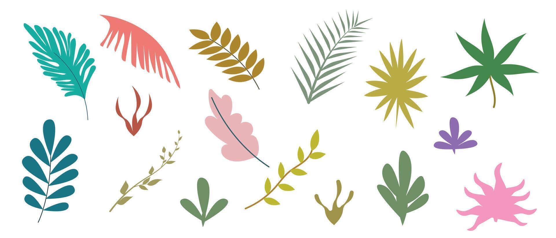 Set of hand drawn colorful abstract tropical leaves and shapes. Elements of spring-summer design. Trendy flat linear illustration. vector