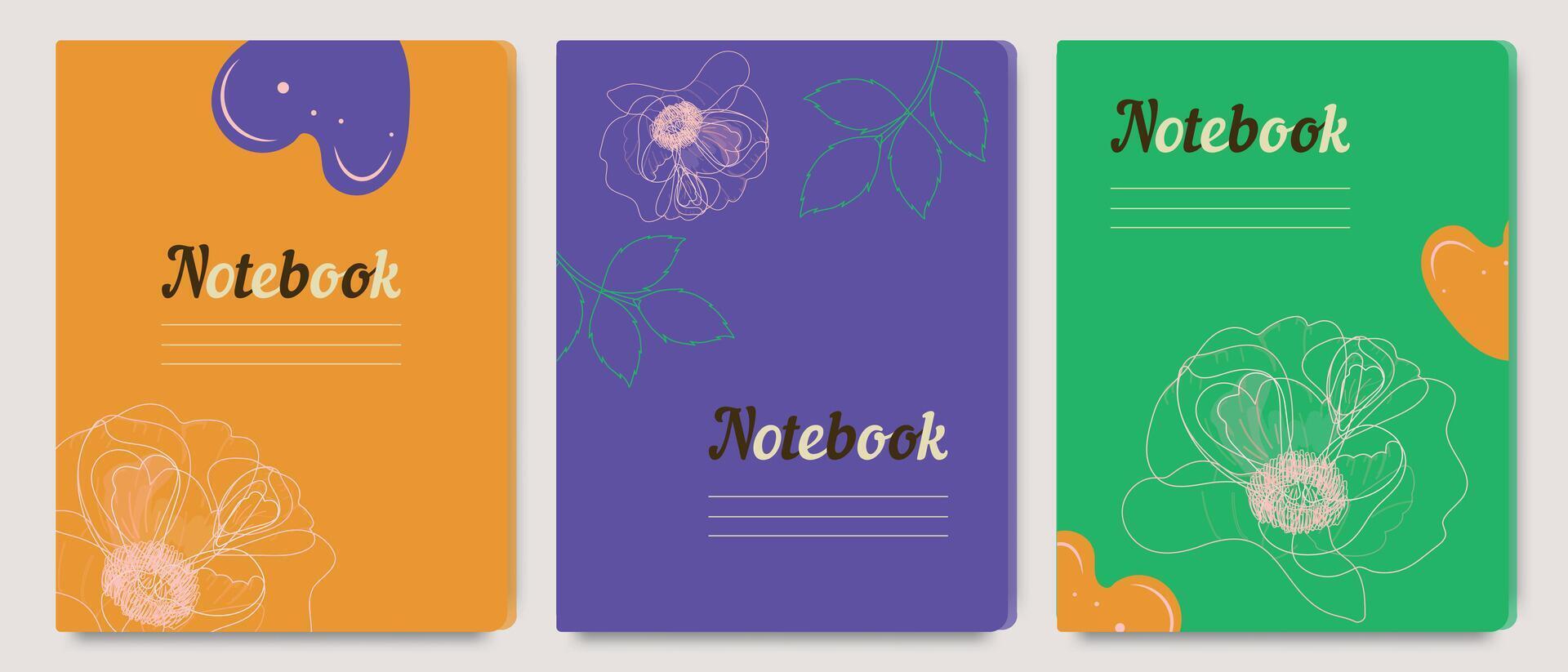 A set of diary cover templates with hand drawn floral design. Abstract retro botanical background, for school notebooks, planners, brochures, books, catalogs, covers. vector