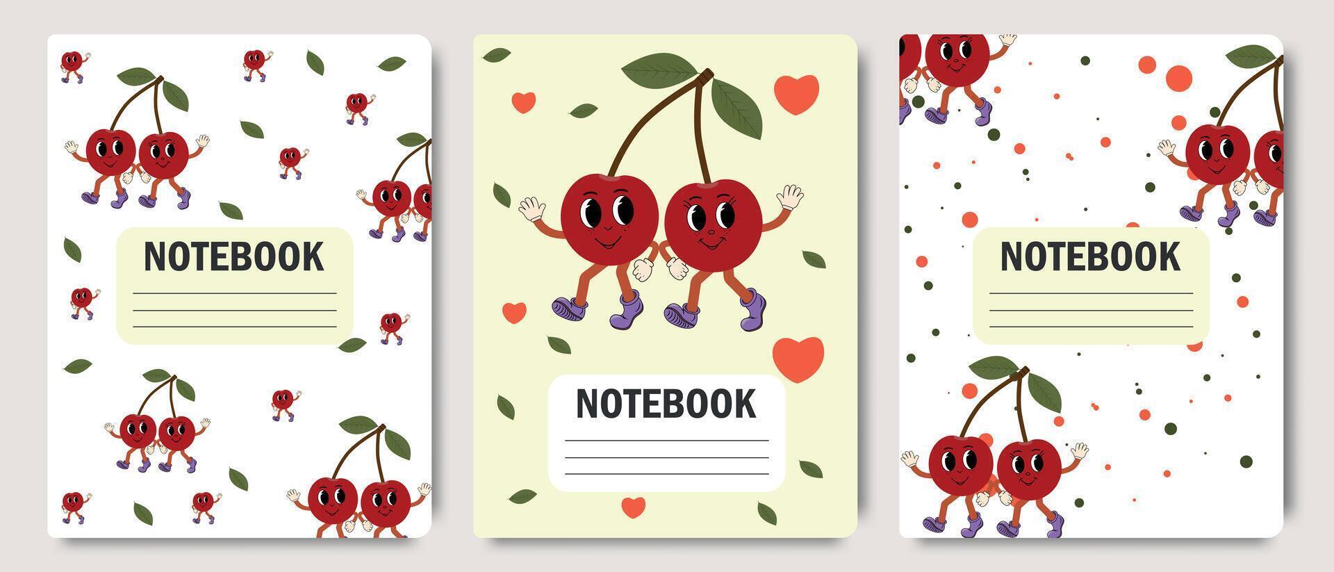 A collection of cover templates for children's notebooks in a groovy style with funny cartoon characters. Items for school and education. vector