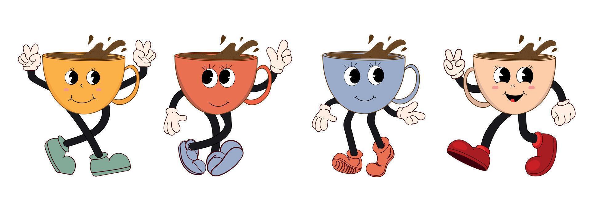 Retro cartoon set of funny coffee characters in groovy style, cute mascot. Vintage coffee illustration. Nostalgia for the 60s, 70s, 80s. vector