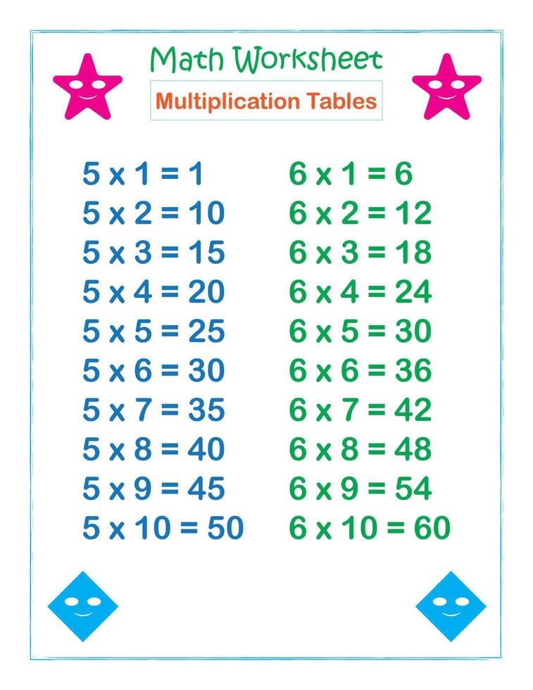 Math worksheet Multiplication Tables 5 and 6 vector