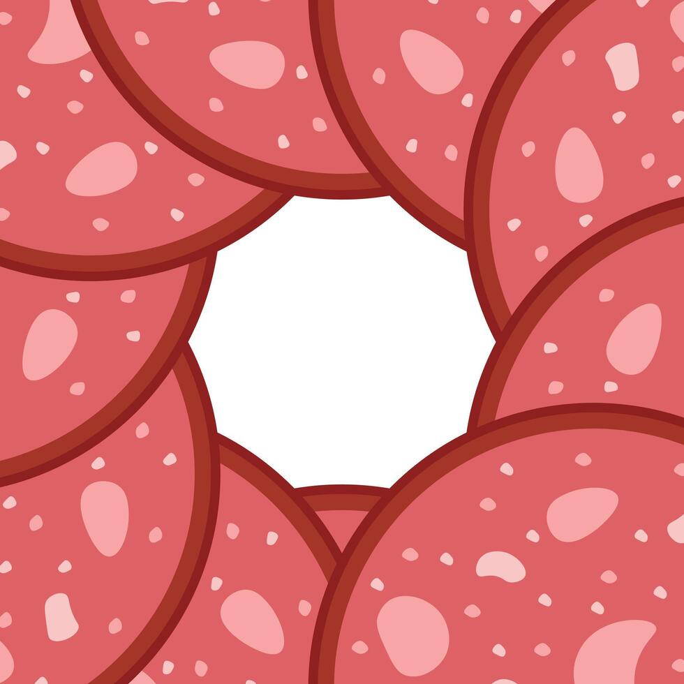 Slices of salami sausage border. Frame of Salame Meat delicatessen gastronomic product. National Salami Day vector